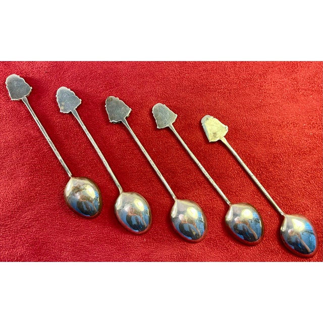Asian 1940s Pure Sterling Silver Antique Set of 5 Spoons W Jade Buddhas 3 3/4” - 5pcs For Sale - Image 3 of 12