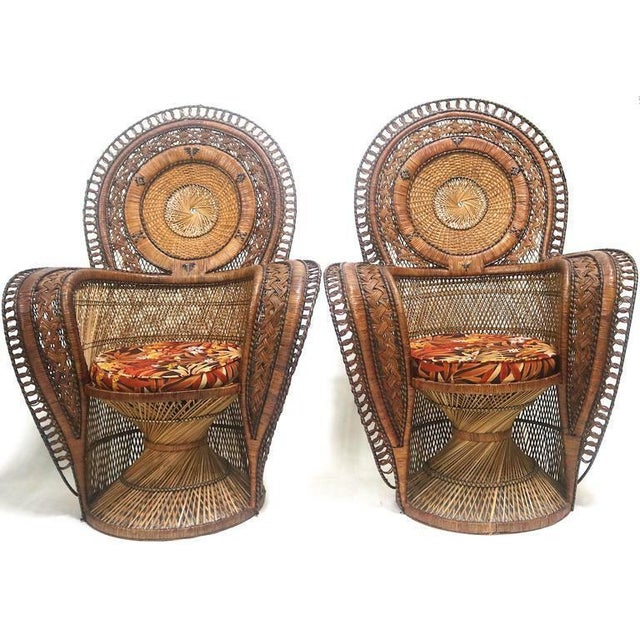 Beige Exotic Rare Pair Wicker Throne Peacock Chairs , Medallion Back, Mid Century Hollywood Glam - For Sale - Image 8 of 8