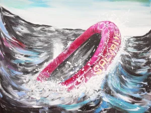 2022 "Salvame" Blue, Magenta, and Yellow Contemporary Seascape Painting With Texts by Matthew Reeves