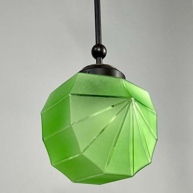 Swedish Green Uranium Glass and Burnished Brass Pendant from Böhlmarks, 1930s For Sale - Image 9 of 18