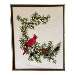 Vintage 1970s Framed Embroidery of Cardinal on Evergreen Branch For Sale