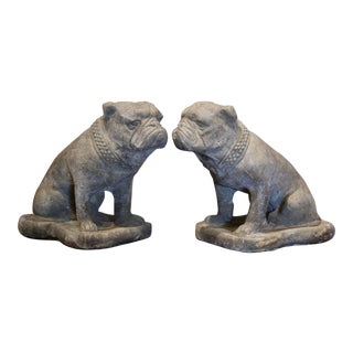 French Outdoor Weathered Carved Stone Garden Statuary Bulldogs - a Pair For Sale