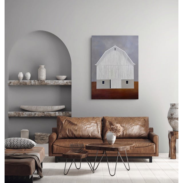 So Many Stories to Tell by Justin Wheatley | Acrylic on Canvas White Barn With Rust Field For Sale - Image 10 of 10