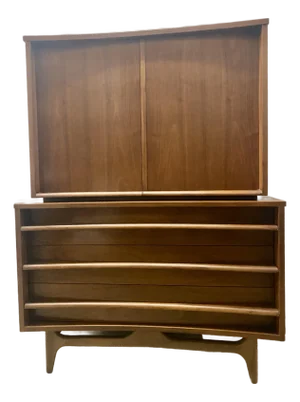 60s Mid-Century Modern Walnut Curved Highboy Dresser by Young Manufacturing .