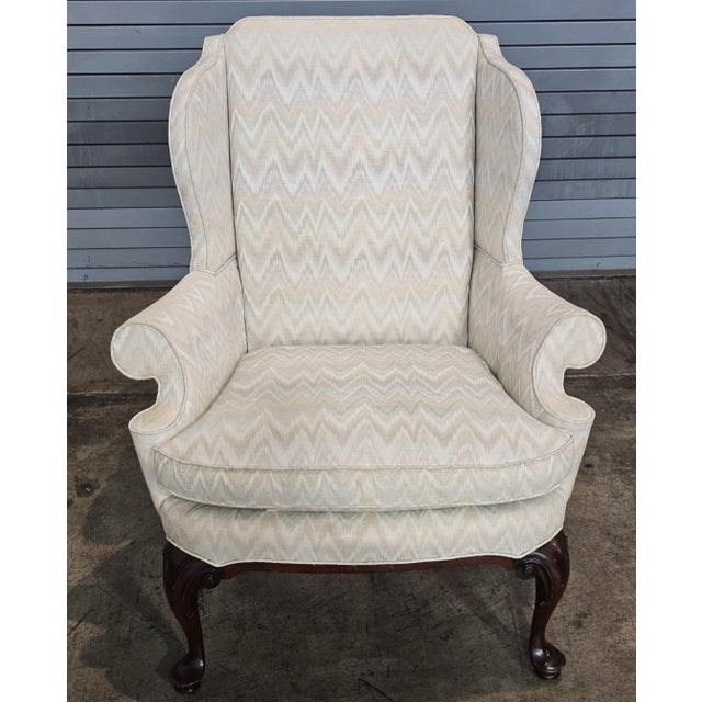 Queen Anne Late 20th Century Southwood Mahogany Queen Anne Style Wing Chair Flame Stitch Fabric Made Usa For Sale - Image 3 of 10