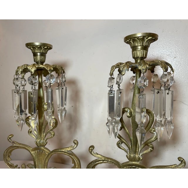 Pair of Antique Ornate Brass Marble Drop Crystal Girandole Candle Holders Lamp For Sale - Image 4 of 11