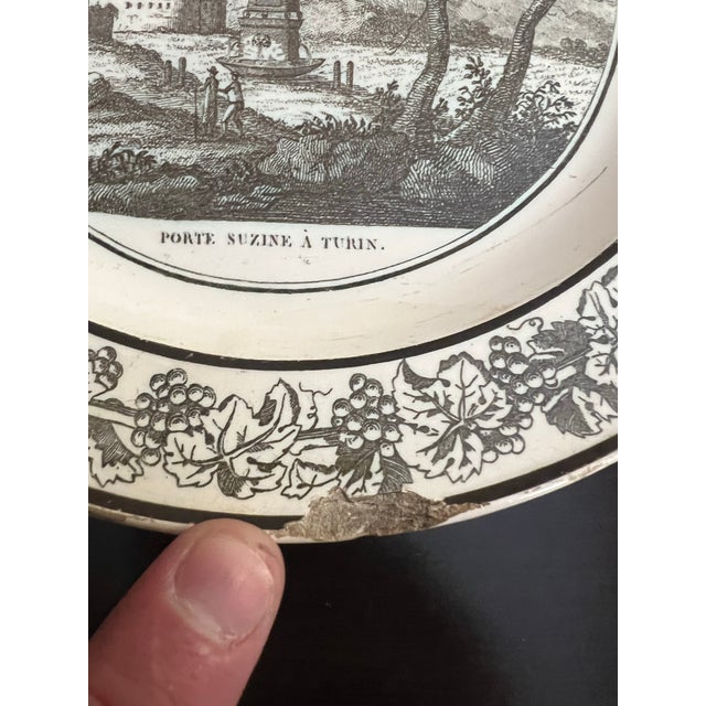 A Antique French Creamware Plate With Black Transfer Decoration, "Porte Suzine a Turin", Circa 1800 For Sale - Image 6 of 10