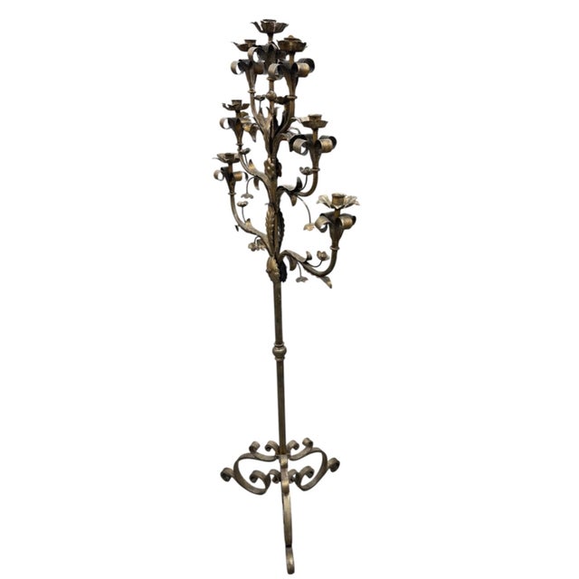 Metal Vintage Florentine Style Gilt Wrought Iron Floor Candelabra For Sale - Image 7 of 12