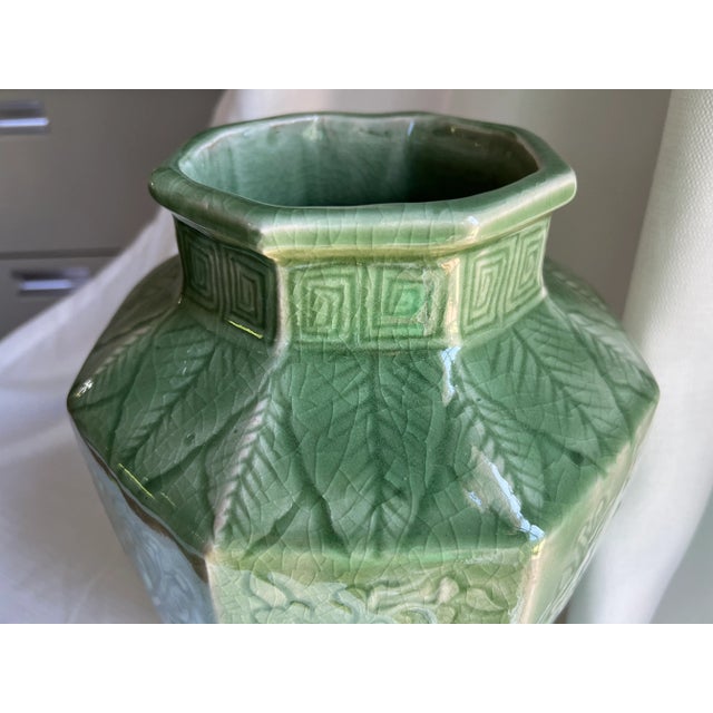 Chinoiserie Vintage 1970s Chinese Export Chinoiserie Eight Sided Floral Embossed Celadon Vase For Sale - Image 3 of 12