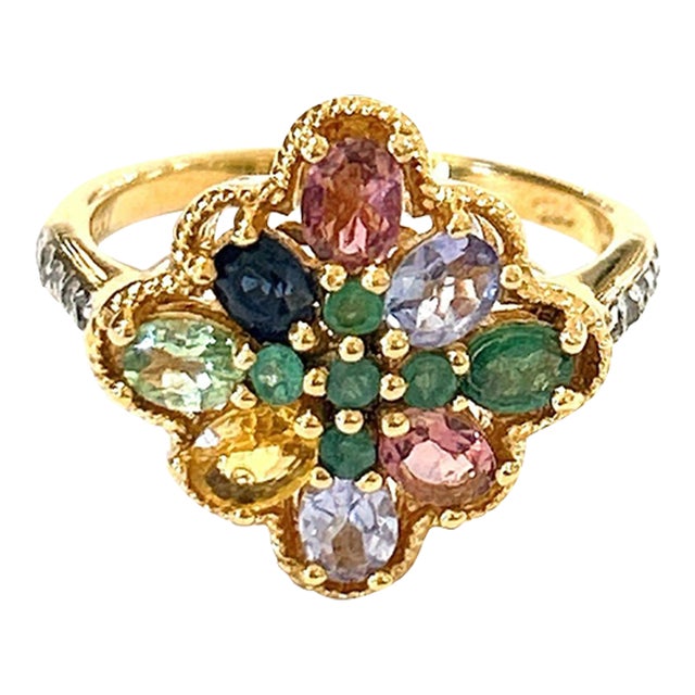 Bochic “Orient” Diamond & Multi Sapphire Vintage Cluster Ring Set 18k & Silver Size 5 For Sale