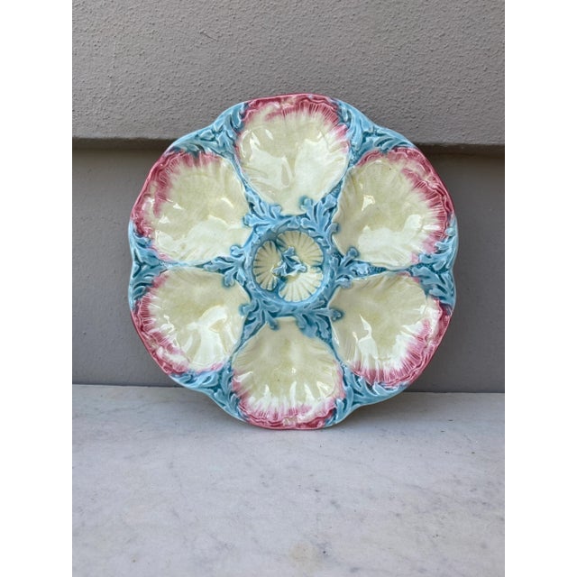 Ceramic 19th Century Majolica Pink and Blue Oyster Plate Gien For Sale - Image 7 of 7