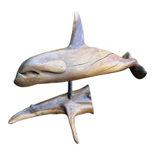 Vintage Hand Carved, Wooden Whale Sculpture,signed For Sale