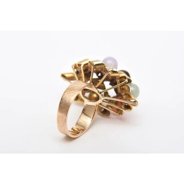 Gold Vintage 14k Gold, Jade, Amethyst, Coral, Black and White Onyx Cluster Dome Ring For Sale - Image 8 of 10