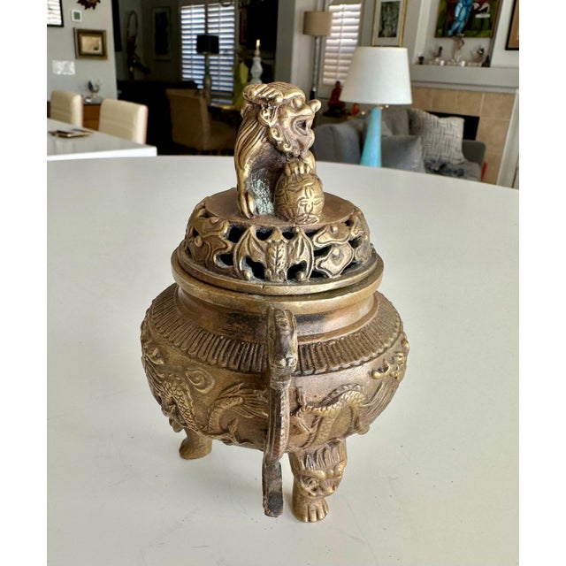 Chinese Antique Chinese Ming-Style Brass Foo Dog Incense Burner Sculpture For Sale - Image 3 of 15