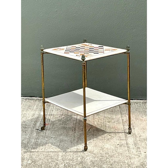 Hollywood Regency Vintage Marble Inlay Chessboard Side Table For Sale - Image 3 of 12