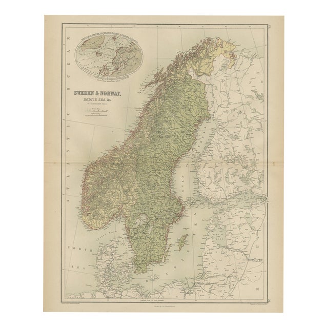 Antique Map of Sweden and Norway with the Baltic Sea from Blacks General Atlas, 1870 For Sale