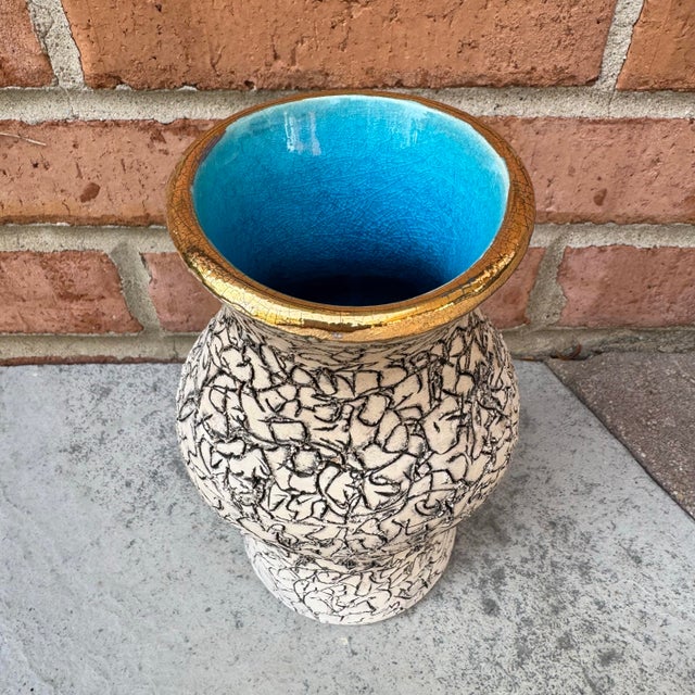 Mid-Century Modern Vintage Studio Sgraffito Pottery Vase With Turquoise Interior Signed — 8” For Sale - Image 3 of 11