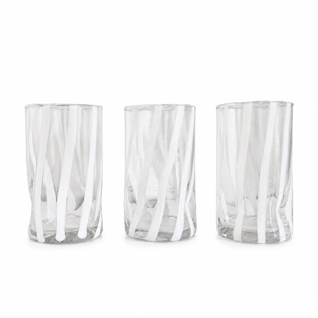 Contemporary White Stripe Scallop Rim Italian Murano Glass Tumblers - Set of 6 For Sale - Image 3 of 6