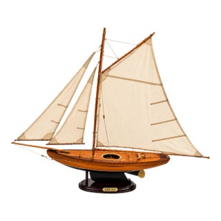 Large Vintage Wooden 1930 Yacht Sailboat Model With Canvas Sails & Brass Details For Sale