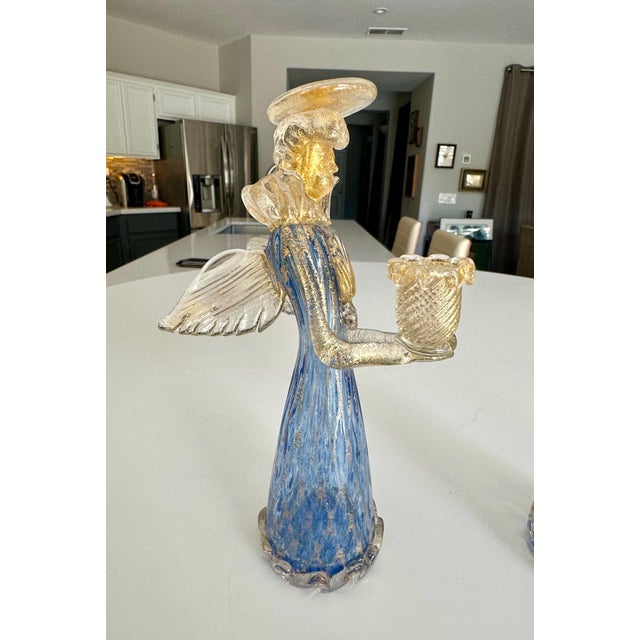 Glass Pair Murano Venetian Blue & Gold Glass Angel Candle Holders For Sale - Image 7 of 12