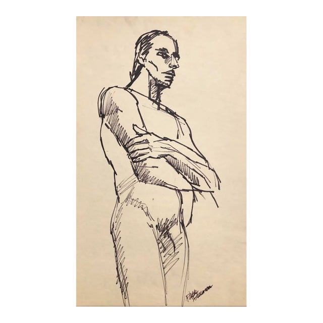 1970s Standing Male Nude Drawing by Ruth Freeman For Sale