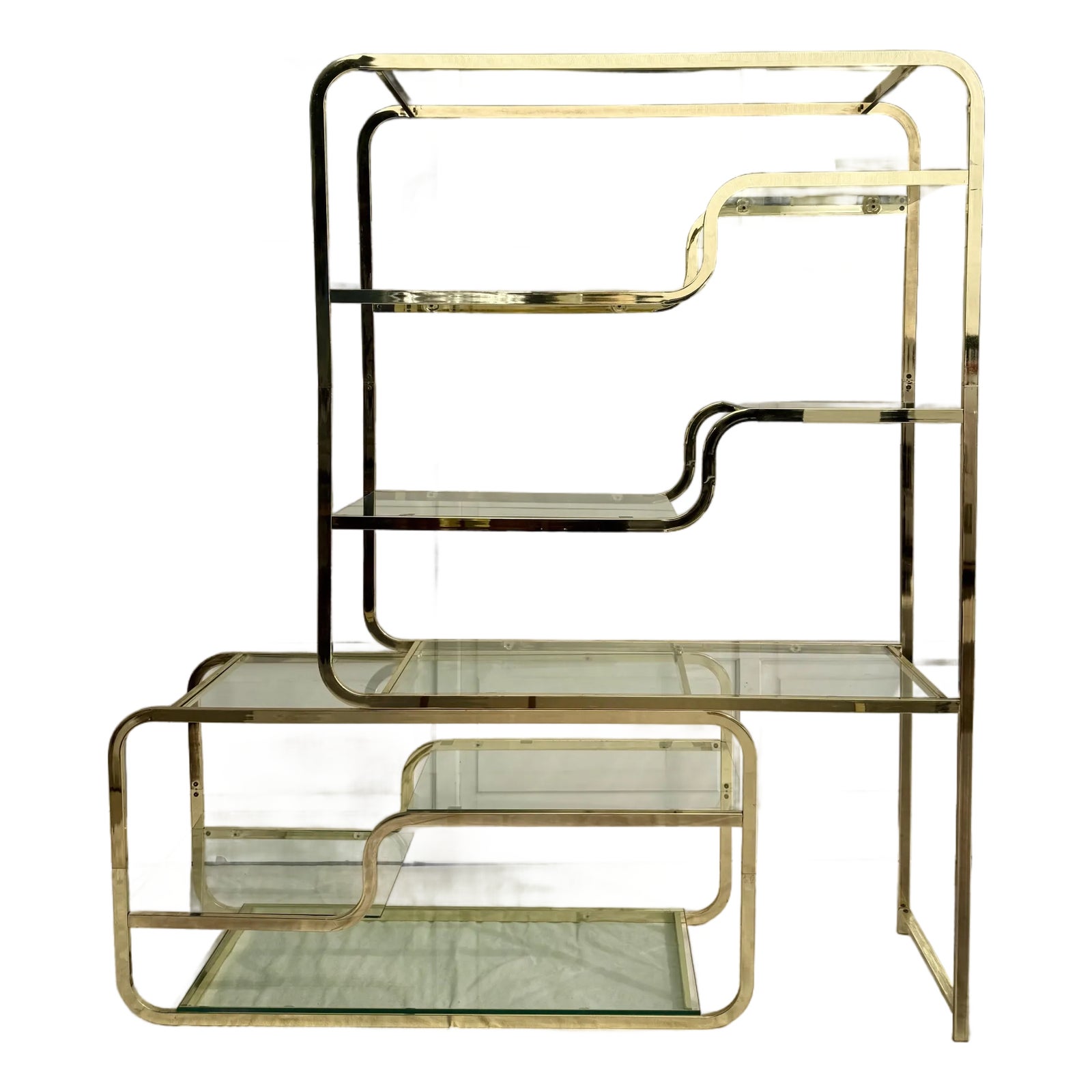 Postmodern Sculptural Brass Étagère With Glass Shelves, Milo 