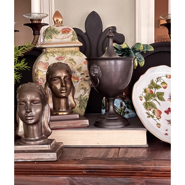 Metal Vintage Neoclassical Bronze Finish Metal Lion Head Motif Urn Jar For Sale - Image 7 of 9