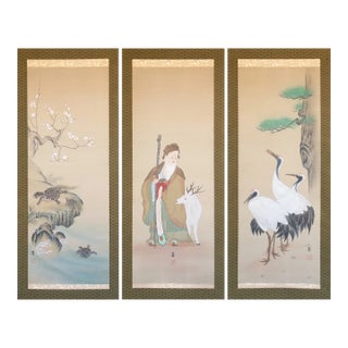 Showa to Early Heisei Era Japanese Silk Scroll Paintings by Jin, Set of 3 in Original Case For Sale