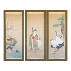 Showa to Early Heisei Era Japanese Silk Scroll Paintings by Jin, Set of 3 in Original Case