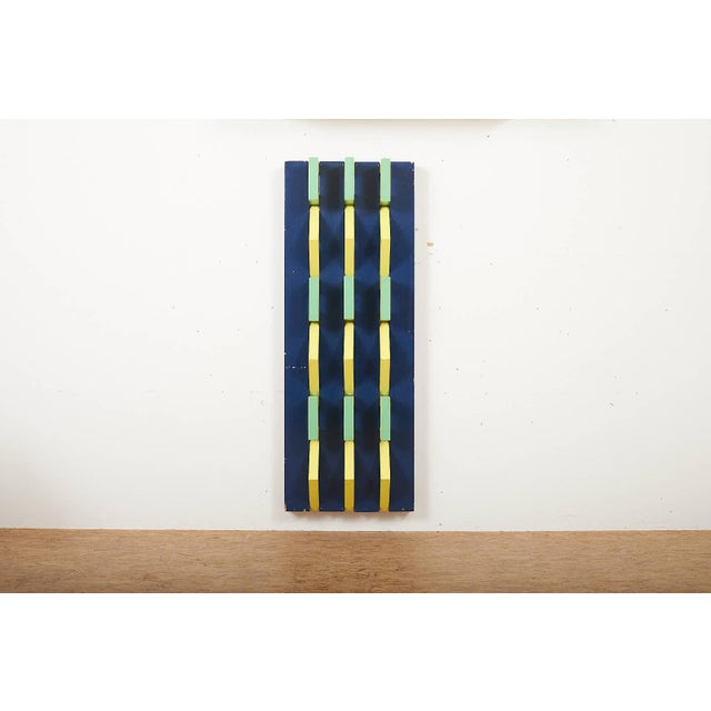 Wooden Wall Relief with Beams Painted Blue & Geometric Central Parts Painted Green/Yellow, 1950s, in Good conditions....