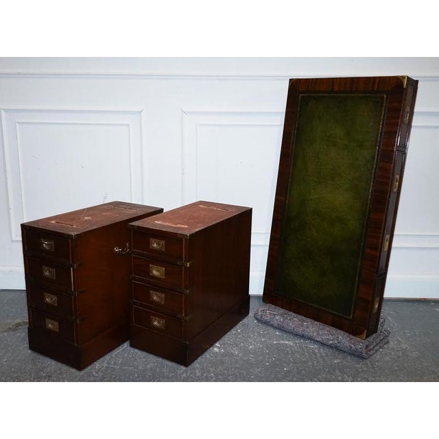 Fine Military Campaign Twin Pedestal Desk with Green Leather Top For Sale - Image 17 of 18
