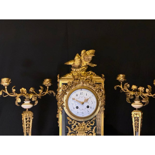 19th C French Louis XVI Bronze Crystal Clock Set 3Pc For Sale - Image 11 of 17