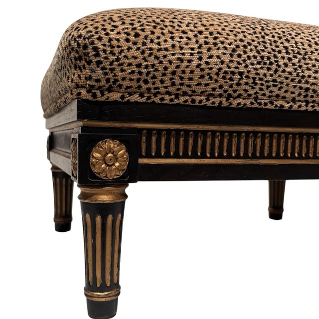 French Late 20th Century Interior Crafts French Ebony Gold Gilded Leopard Chenille Footstool For Sale - Image 3 of 11