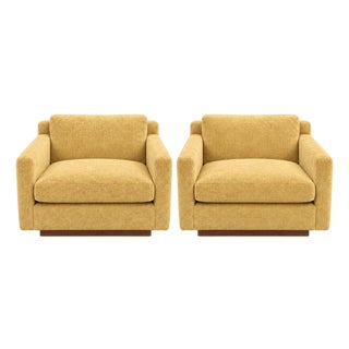 Mid-Century Modern Lounge Chairs Walnut Base Chenille Fabric - Set of 2 For Sale