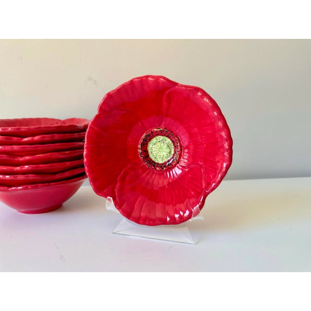 Modern Late 20th Century Red Poppy Flower Hand Painted Salad Bowls Set: 8 Piece For Sale - Image 3 of 7