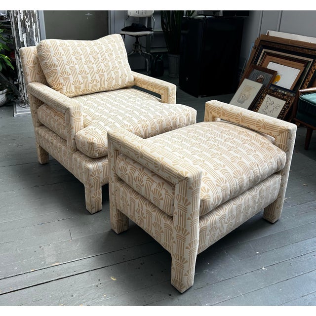 Vintage 1970’s Milo Baughman upholstered chair and ottoman set. Great vintage upholstery features a Greek or Roman column...