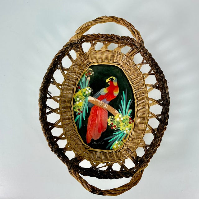 1950s Vintage Mexican Folk Art Original Feather Mixed Media Acrylic Bird Painting With Basket Frame For Sale - Image 13 of 14