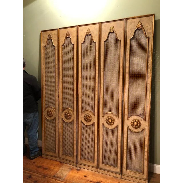 Wood 1950s French Five-Paneled Gilt Folding Screen For Sale - Image 7 of 13