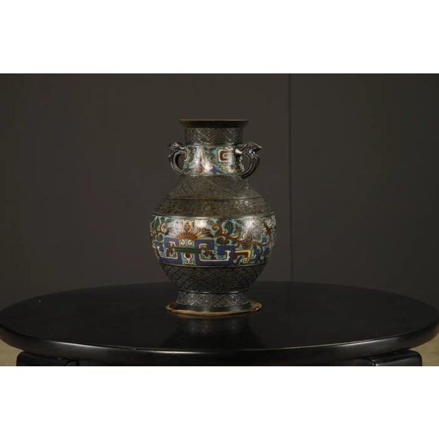 Bronze Japanese Cloisonné Bronze Vase With Archaistic Bird Handles, C 1920 to 1940s For Sale - Image 8 of 14
