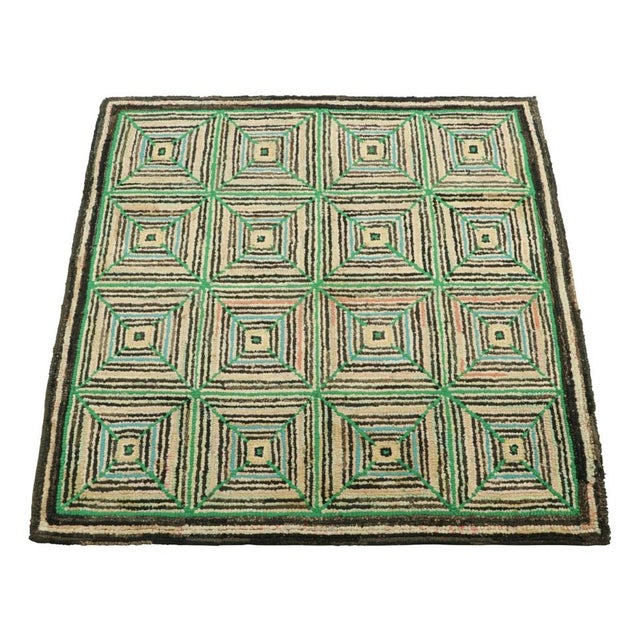 1920s Antique Hooked Square Rug in Beige and Green Geometric Patterns | Rug & Kilim For Sale - Image 5 of 7