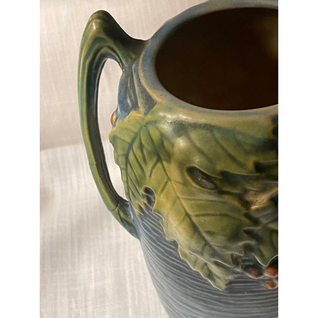 Roseville Pottery Vintage Roseville Pottery Bushberry Blue Asymetrical Art Deco Vase #31-7" For Sale - Image 4 of 12