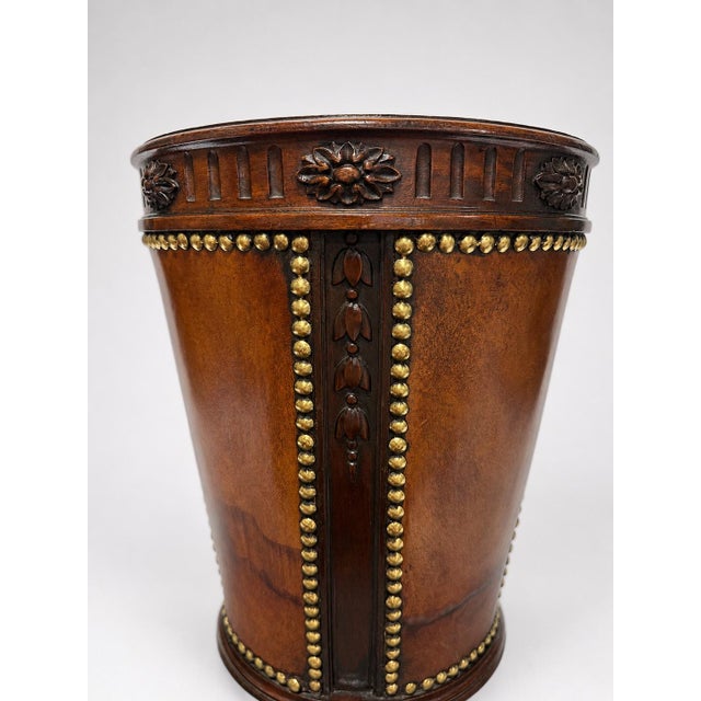 English Leather, Mahogany and Brass Studded Waste Paper Basket, C. 1900–1930 For Sale - Image 4 of 8