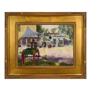 Vintage American Impressionist Landscape/Cityscape Painting of a Downtown by Harry Barton