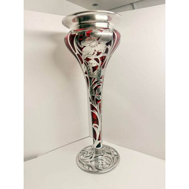 Sterling Silver and Red Glass Inlayed Art Nouveau Trumpet Vase For Sale - Image 4 of 12