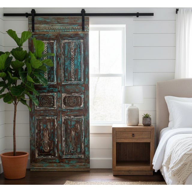 Wood Antique Hand-Carved Blue Barn Door | Rustic Farmhouse Vintage Architectural Door 80x34.5 For Sale - Image 7 of 7