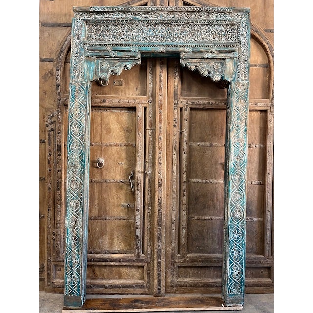 1920s Antique Carved Teak Architectural Arch Doorway, Distressed Column Surround 99 For Sale - Image 5 of 11