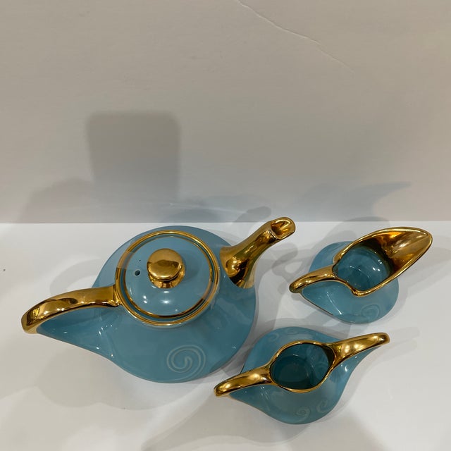 Set of 3 pieces Pearl China Co Teapot 22k Gold Powder Blue turquoise Swirl Genie Style Swirl USA