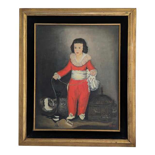 Canvas Oil Painting Rendition of "Red Boy" by Artist Gene Register in Gold and Black Velvet Frame For Sale