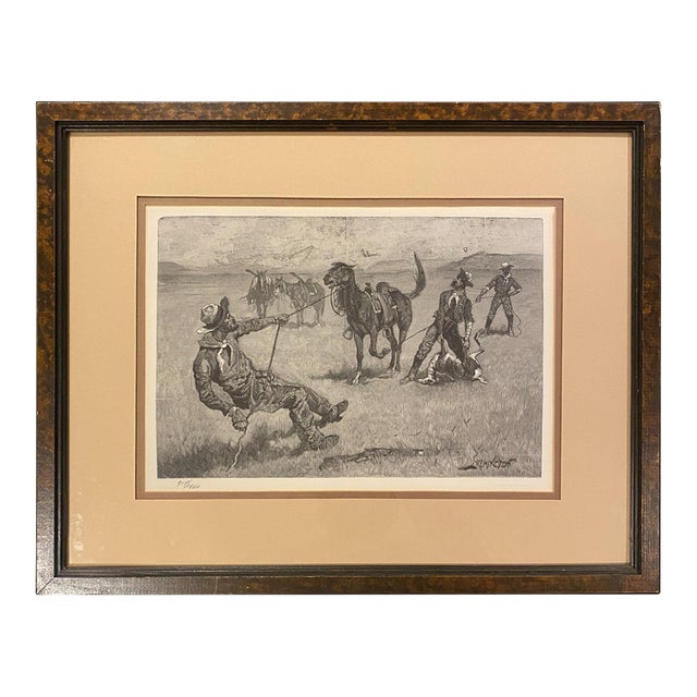 1970s Frederic Remington Wood Engraving "Teaching a Mustang Pony to Pack Dead Game" Western Cowboys Horses For Sale