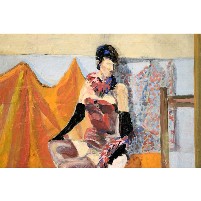 "Rosemary" with Feather Boa - Bay Area Figurative Movement Study Oil on Canvas A dark-haired woman with a feather boa sits...